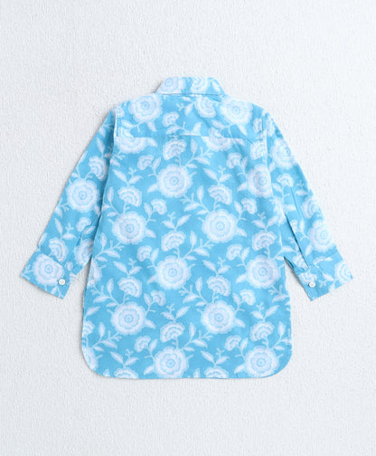 The Magic Wand Cotton Woven Full Sleeves AII Over Printed Kurta and Pathani Set- Blue