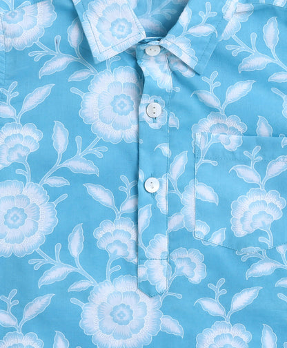 The Magic Wand Cotton Woven Full Sleeves AII Over Printed Kurta and Pathani Set- Blue