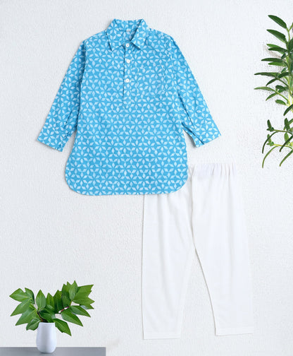The Magic Wand Cotton Woven Full Sleeves AII Over Printed Kurta and Pathani Set- Blue