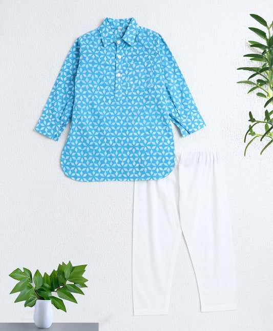 The Magic Wand Cotton Woven Full Sleeves AII Over Printed Kurta and Pathani Set- Blue