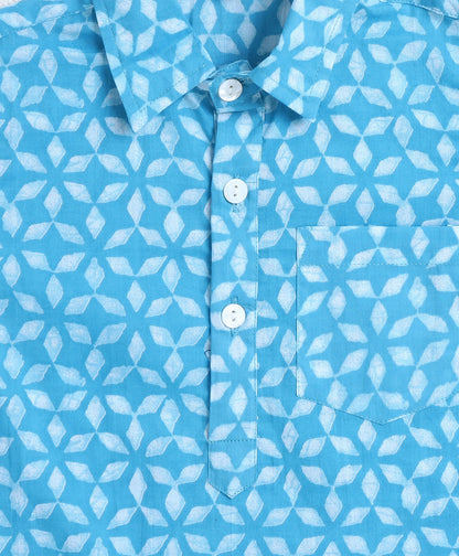 The Magic Wand Cotton Woven Full Sleeves AII Over Printed Kurta and Pathani Set- Blue