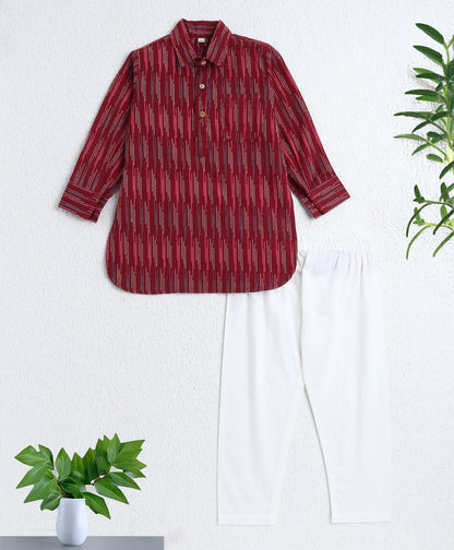 Cotton Woven Full Sleeves AII Over Printed Kurta and Pathani Set- Maroon