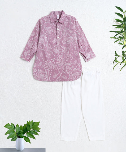 The Magic Wand Cotton Woven Full Sleeves Floral Prinetd Kurta with Pyjama Set- Pink