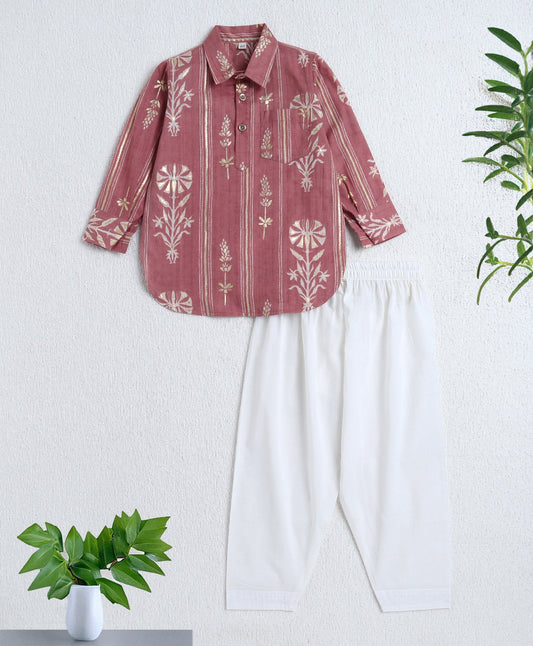 Cotton Woven Full Sleeves Foil Printed Kurta and Pyjama Set- Pink