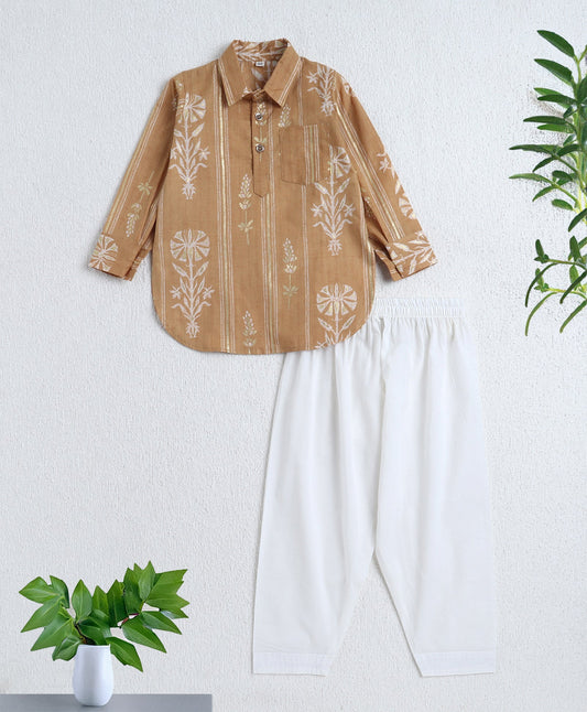 Cotton Woven Full Sleeves Foil Printed Kurta and Pyjama Set- Mustard