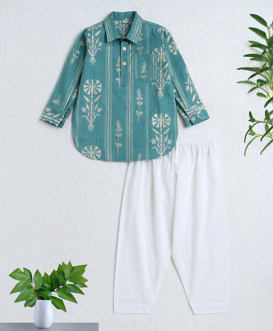 Cotton Woven Full Sleeves Foil Printed Kurta and Pyjama Set- Teal Blue