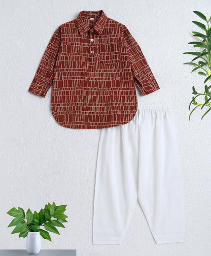 Cotton Woven Full Sleeves Kurta and Pyjama Set- Rust