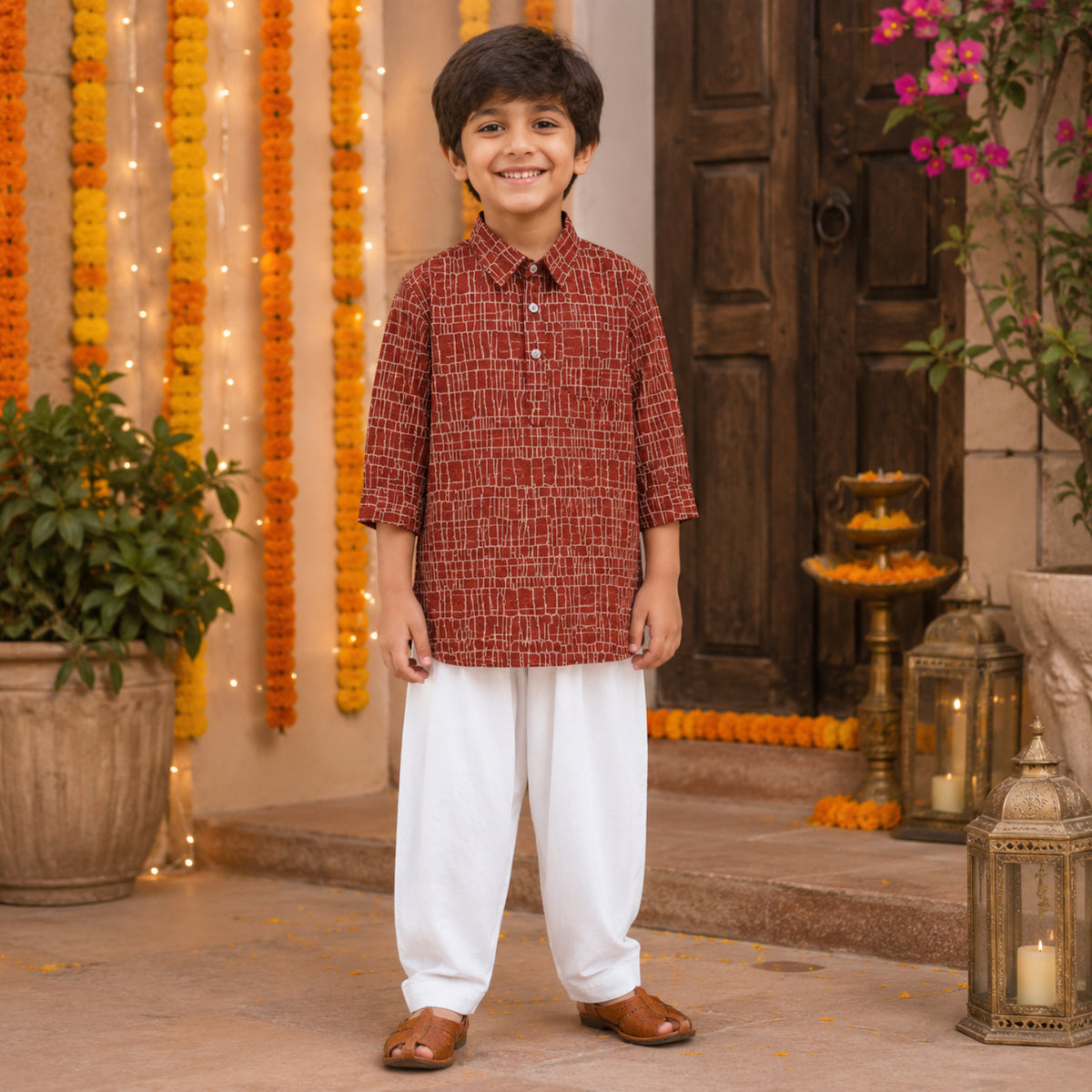 Cotton Woven Full Sleeves Kurta and Pyjama Set- Rust