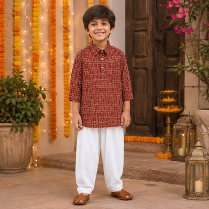 Cotton Woven Full Sleeves Kurta and Pyjama Set- Rust