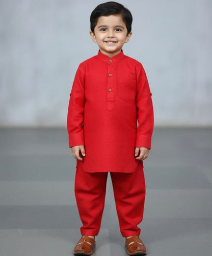 The Magic Wand Cotton Woven Full Sleeves Solid Pathani Kurta And Pyjama Set  - Red