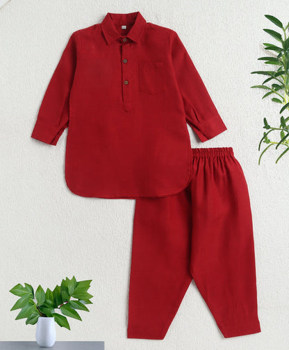 The Magic Wand Cotton Woven Full Sleeves Solid Pathani Kurta And Pyjama Set  - Red