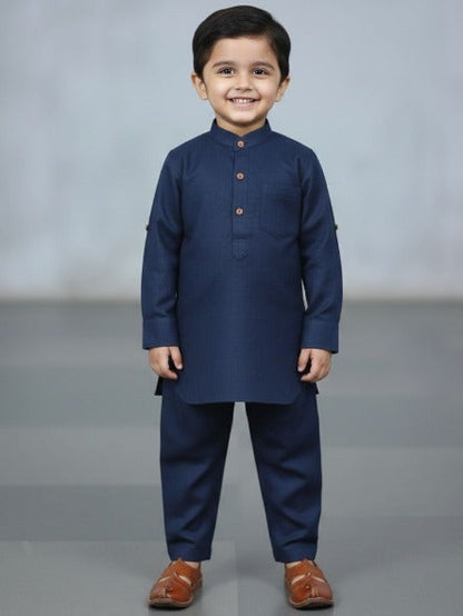 The Magic Wand Cotton Woven Full Sleeves Solid Pathani Kurta And Pyjama Set  - Navy Blue