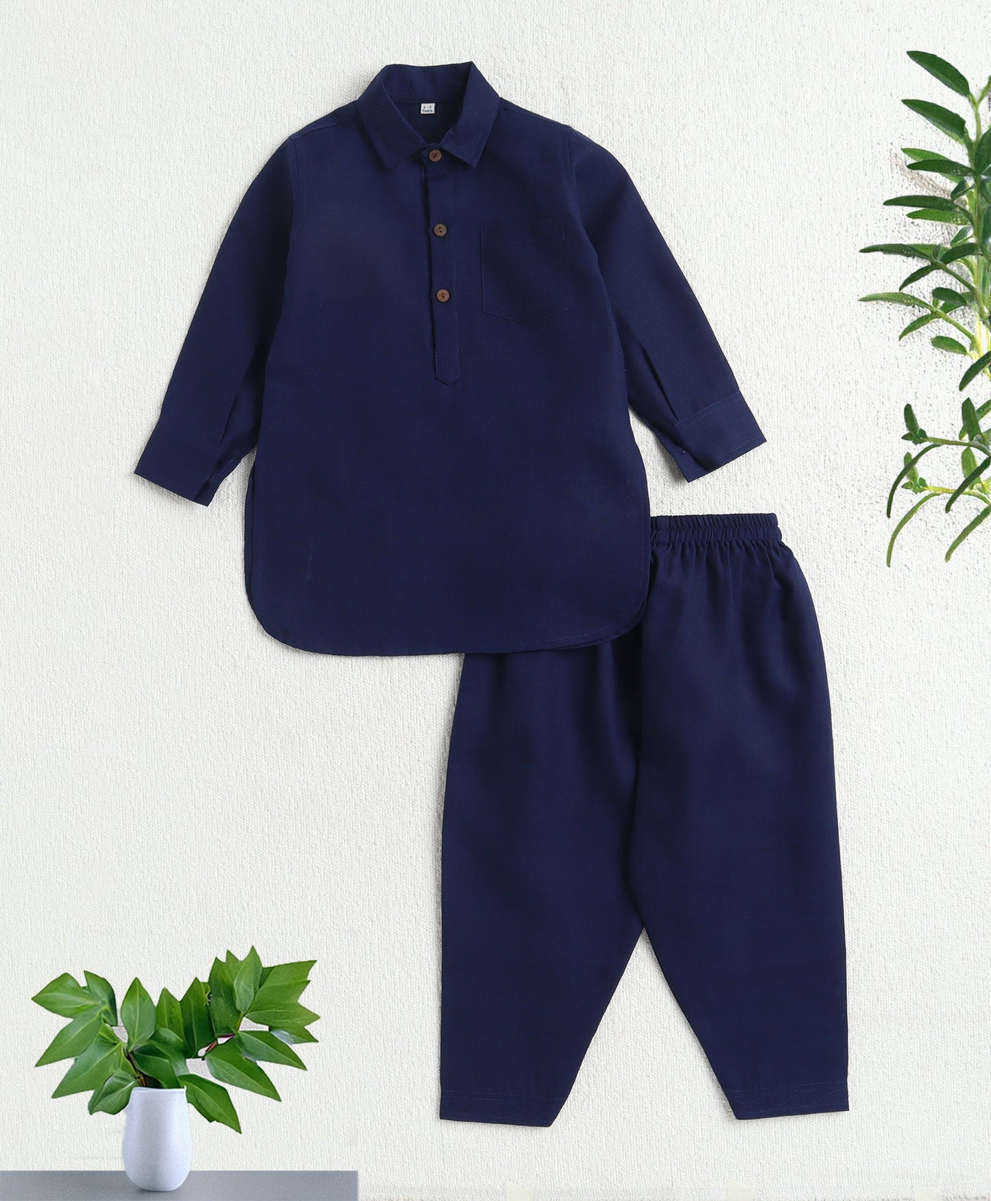 The Magic Wand Cotton Woven Full Sleeves Solid Pathani Kurta And Pyjama Set  - Navy Blue