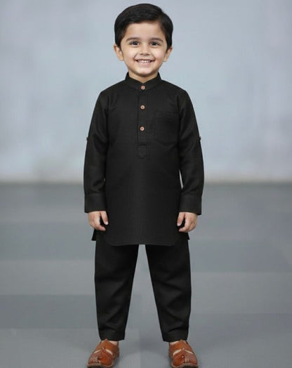 The Magic Wand Cotton Woven Full Sleeves Solid Pathani Kurta And Pyjama Set  - Black