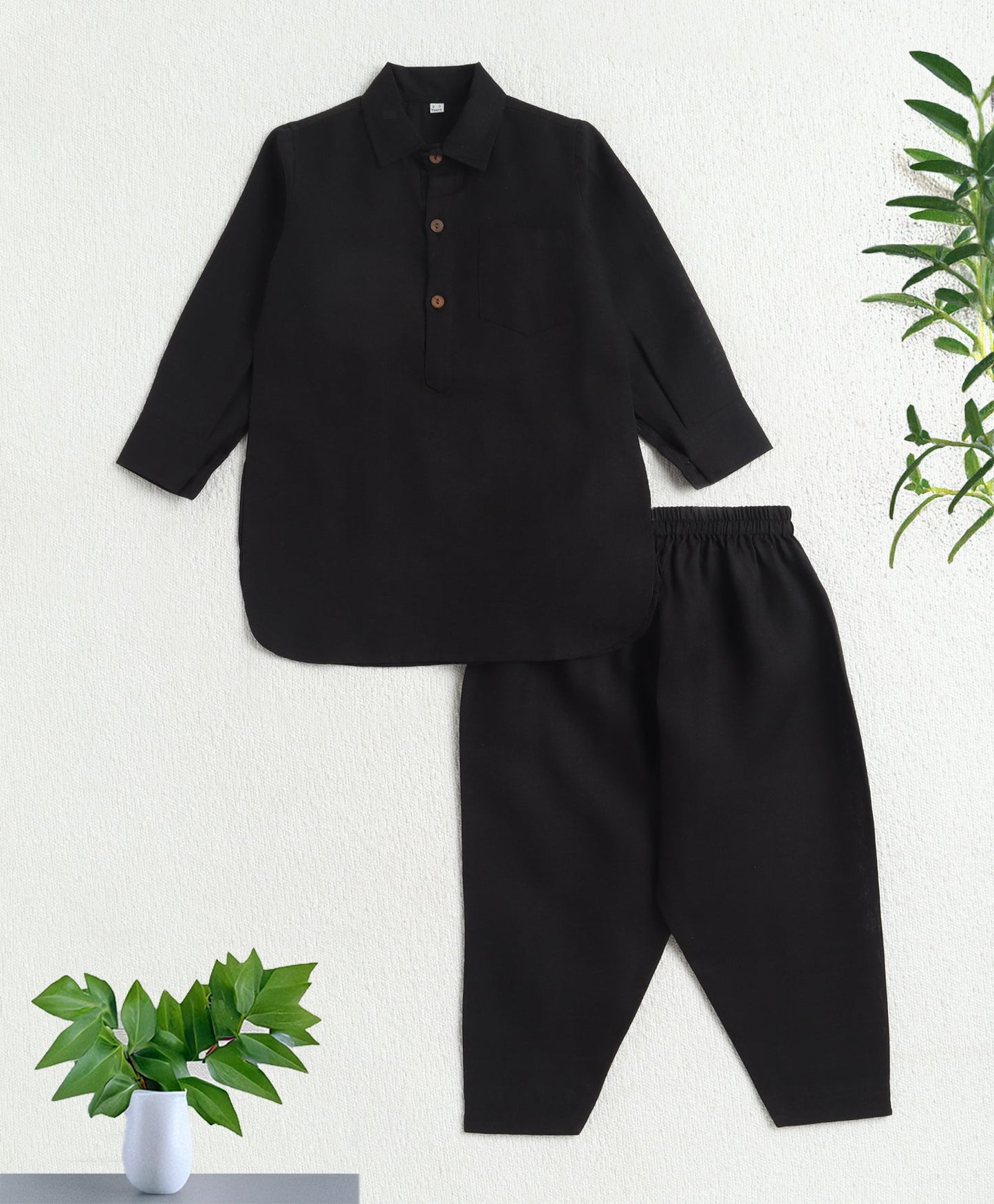 The Magic Wand Cotton Woven Full Sleeves Solid Pathani Kurta And Pyjama Set  - Black
