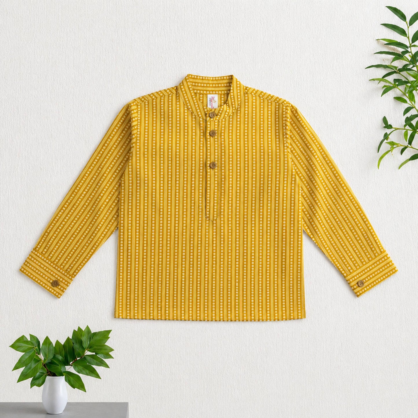 The Magic Wand Cotton Woven Full Sleeves Dotted Stripes Printed Short Kurta - Mustard
