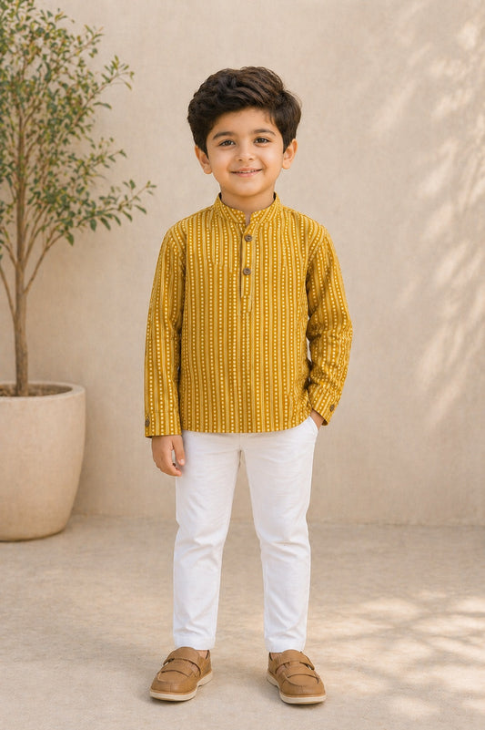 The Magic Wand Cotton Woven Full Sleeves Dotted Stripes Printed Short Kurta - Mustard