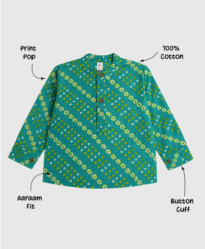 The Magic Wand Cotton Woven Full Sleeves Geometric Printed Short Kurta - Turquoise