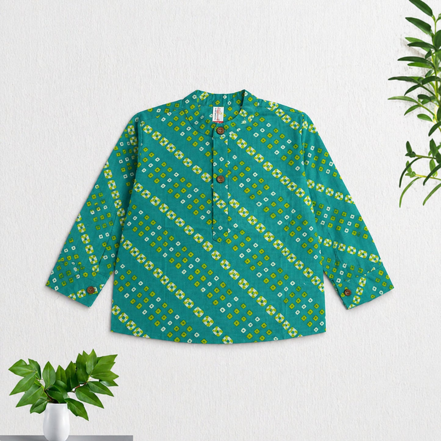 The Magic Wand Cotton Woven Full Sleeves Geometric Printed Short Kurta - Turquoise