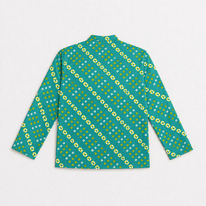 The Magic Wand Cotton Woven Full Sleeves Geometric Printed Short Kurta - Turquoise