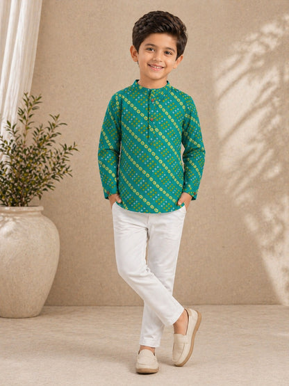 The Magic Wand Cotton Woven Full Sleeves Geometric Printed Short Kurta - Turquoise