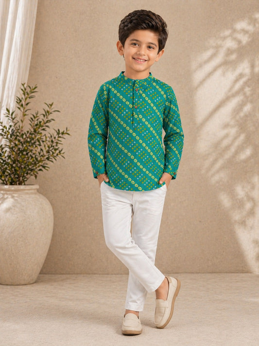 The Magic Wand Cotton Woven Full Sleeves Geometric Printed Short Kurta - Turquoise
