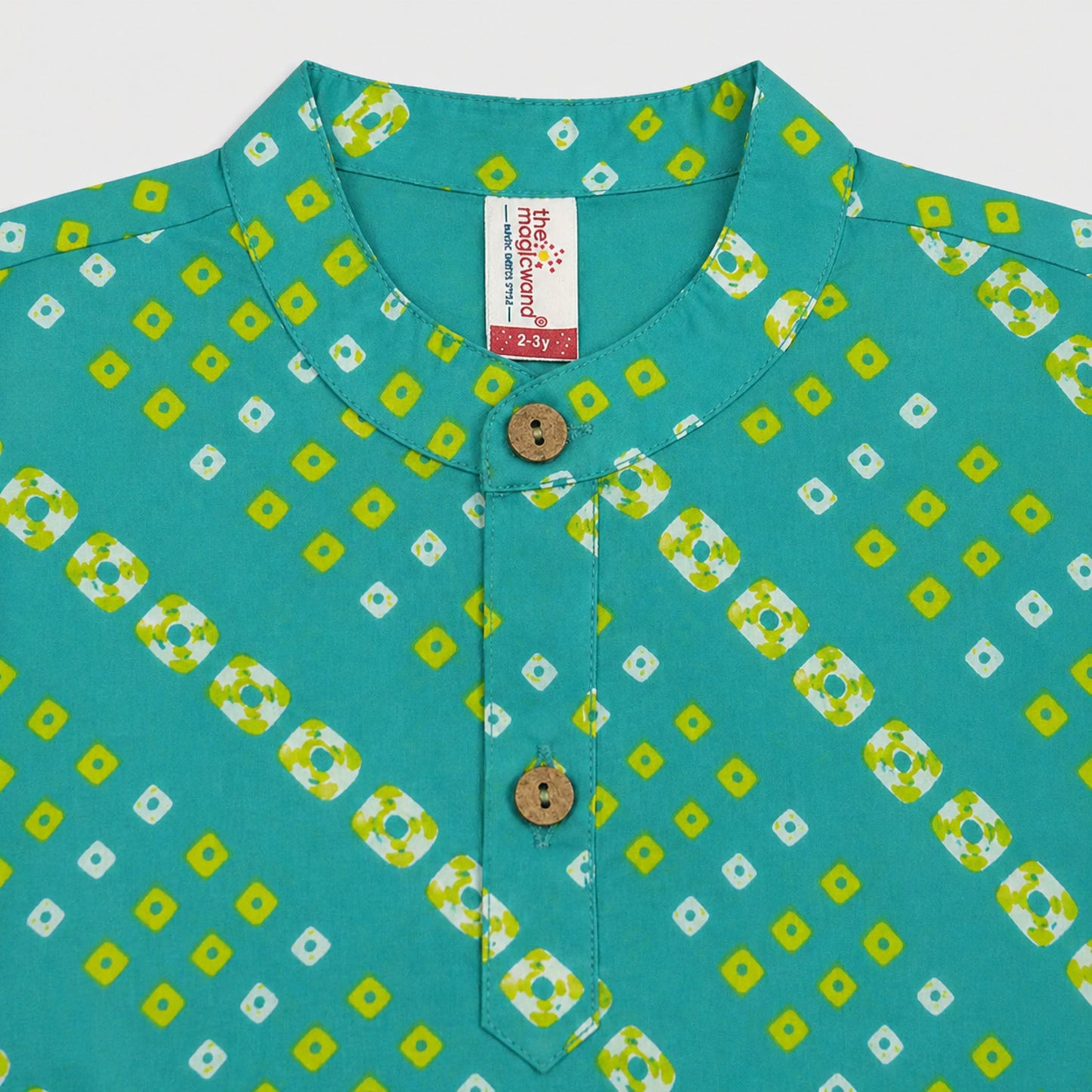 The Magic Wand Cotton Woven Full Sleeves Geometric Printed Short Kurta - Turquoise