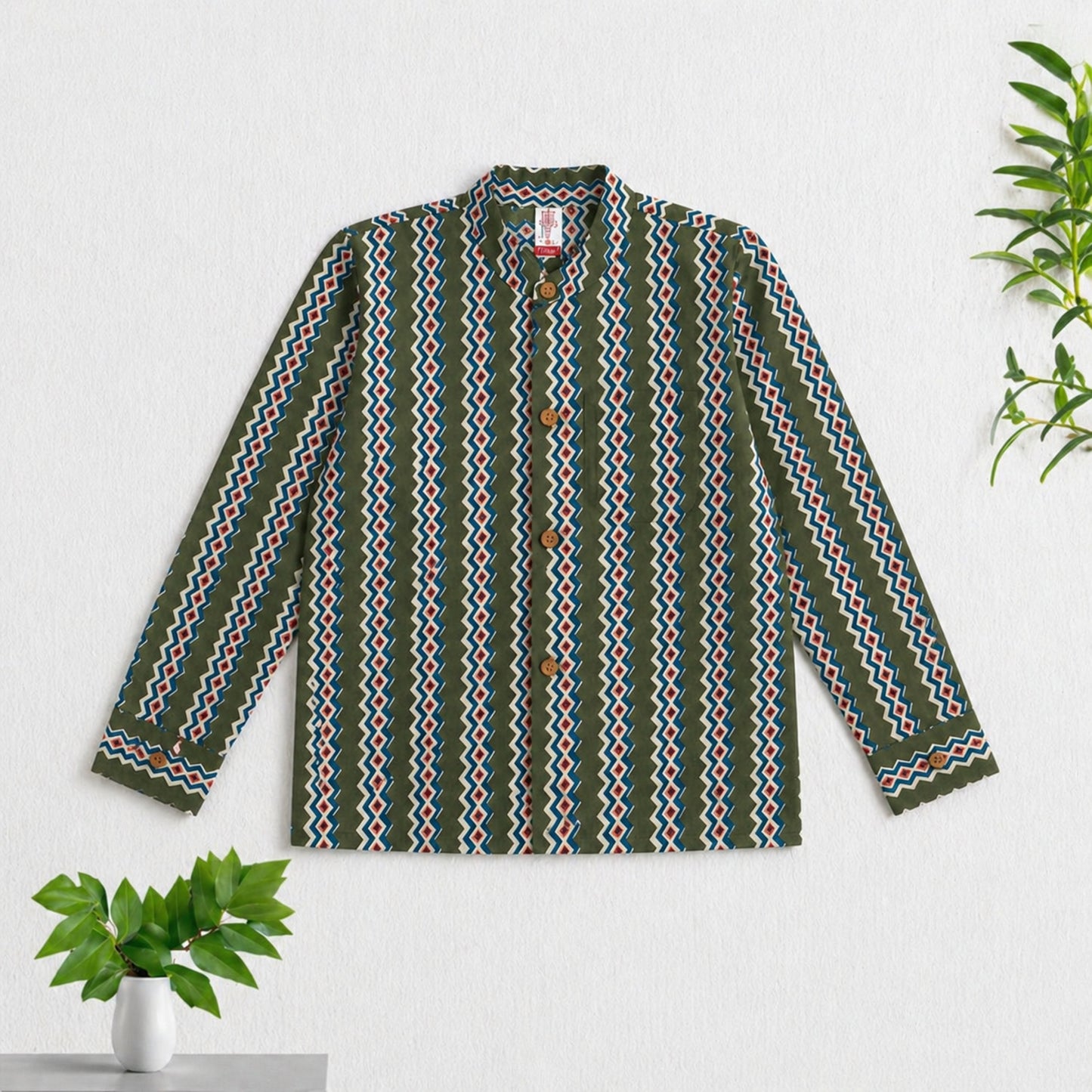 The Magic Wand Cotton Woven Full Sleeves Zig Zag Printed Short Kurta - Olive Green