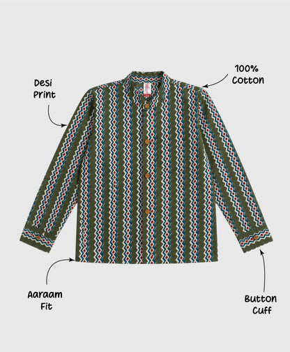 The Magic Wand Cotton Woven Full Sleeves Zig Zag Printed Short Kurta - Olive Green