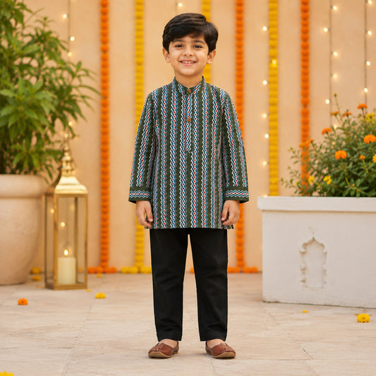 The Magic Wand Cotton Woven Full Sleeves Zig Zag Printed Short Kurta - Olive Green