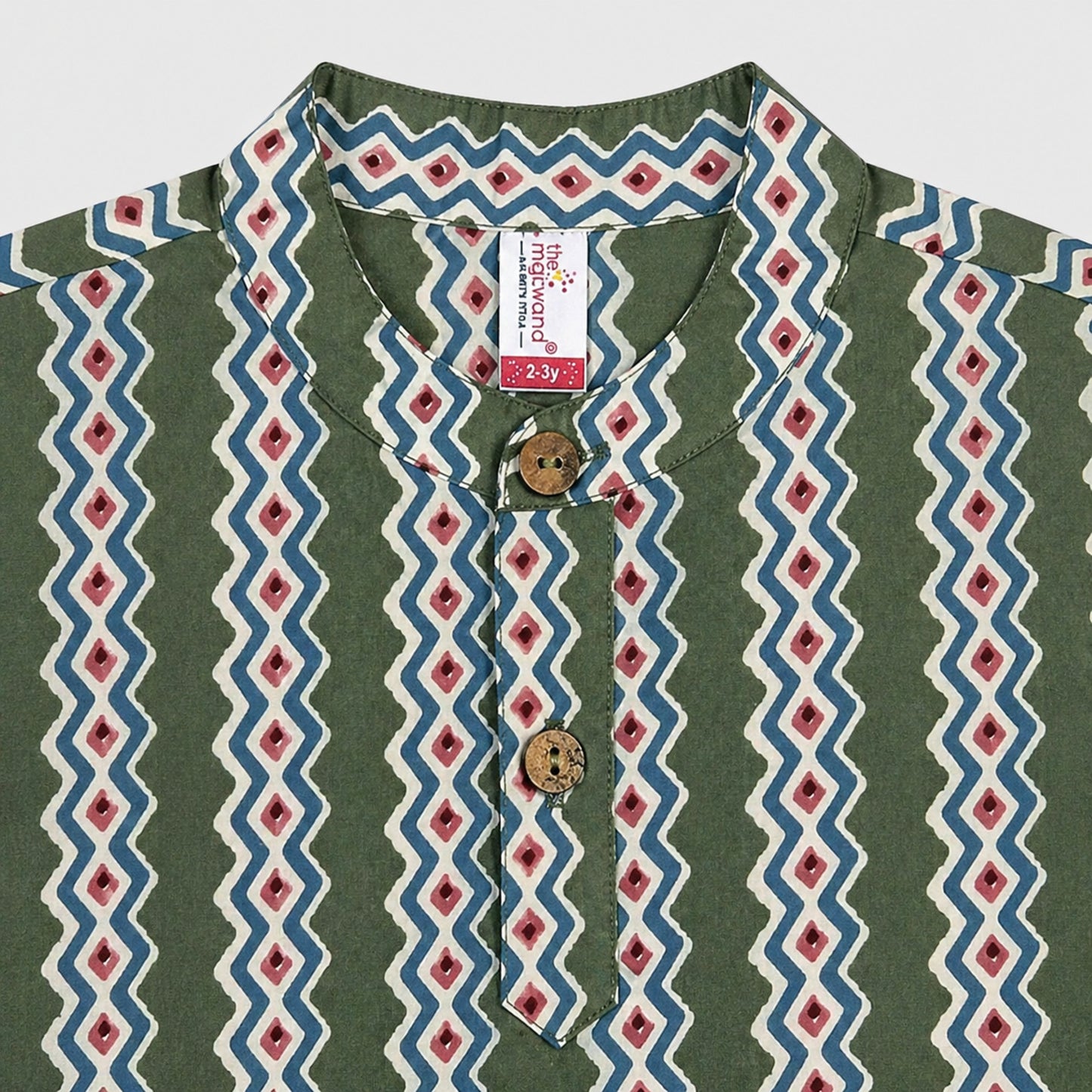 The Magic Wand Cotton Woven Full Sleeves Zig Zag Printed Short Kurta - Olive Green