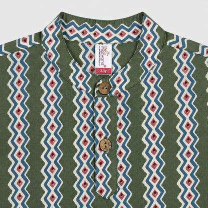 The Magic Wand Cotton Woven Full Sleeves Zig Zag Printed Short Kurta - Olive Green