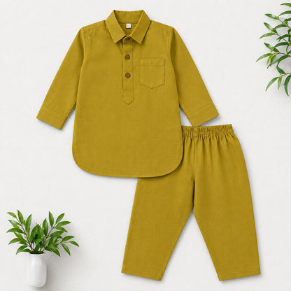 The Magic Wand Cambric Cotton Woven Full Sleeves Solid Pathani Kurta And Pyjama Set - Dark Khaki