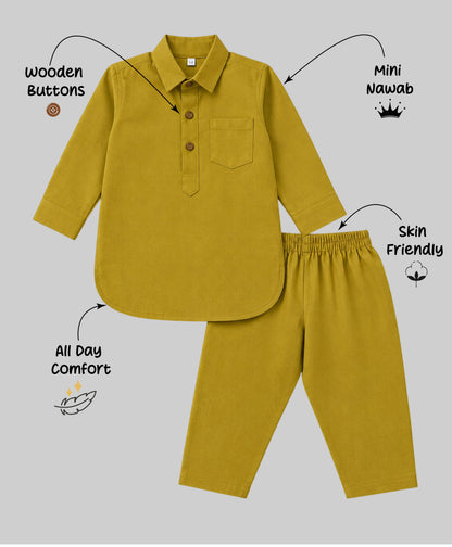 The Magic Wand Cambric Cotton Woven Full Sleeves Solid Pathani Kurta And Pyjama Set - Dark Khaki