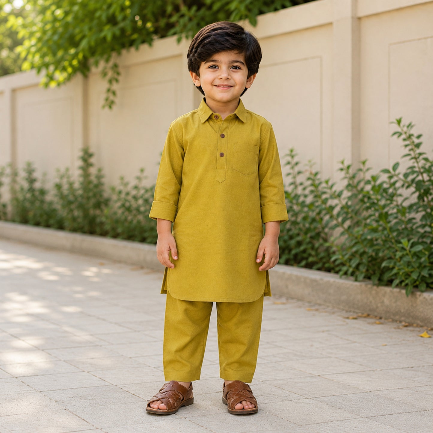 The Magic Wand Cambric Cotton Woven Full Sleeves Solid Pathani Kurta And Pyjama Set - Dark Khaki