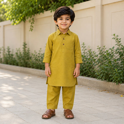 The Magic Wand Cambric Cotton Woven Full Sleeves Solid Pathani Kurta And Pyjama Set - Dark Khaki