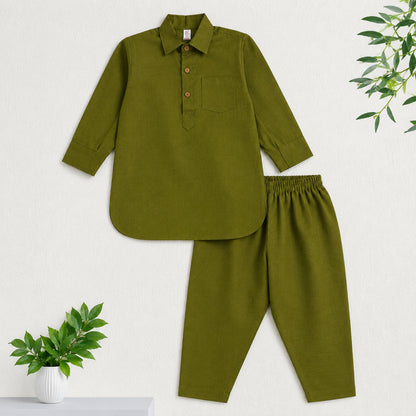 The Magic Wand Cambric Cotton Woven Full Sleeves Solid Pathani Kurta And Pyjama Set - Olive Green