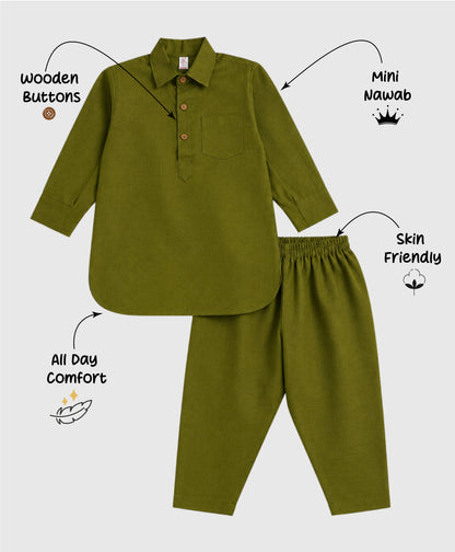 The Magic Wand Cambric Cotton Woven Full Sleeves Solid Pathani Kurta And Pyjama Set - Olive Green