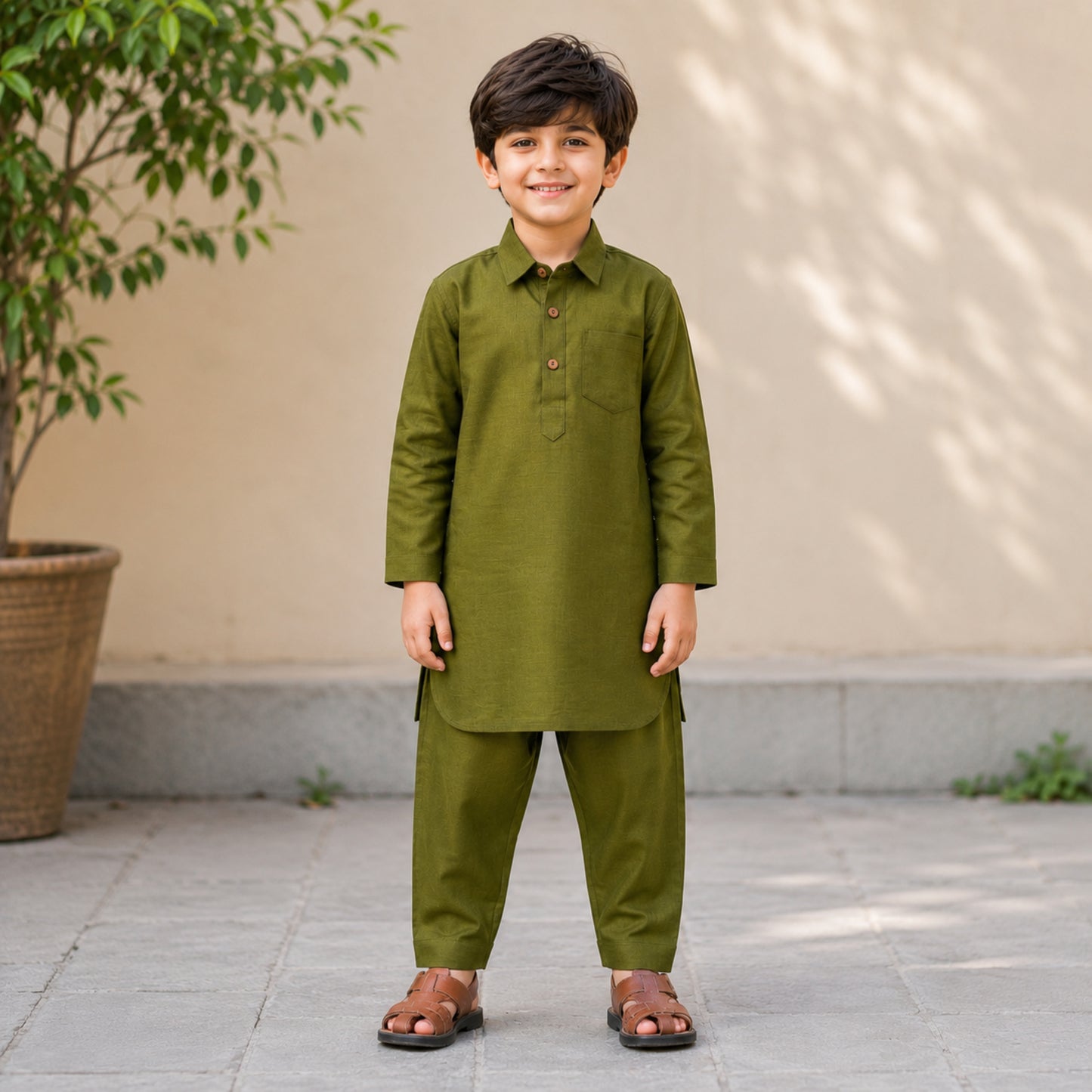 The Magic Wand Cambric Cotton Woven Full Sleeves Solid Pathani Kurta And Pyjama Set - Olive Green