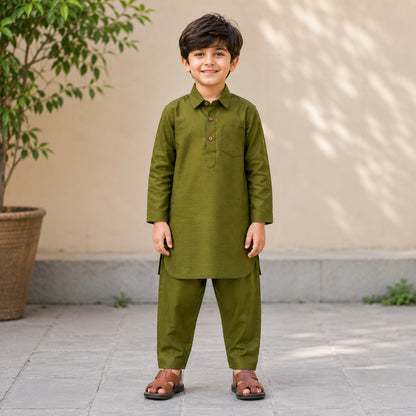 The Magic Wand Cambric Cotton Woven Full Sleeves Solid Pathani Kurta And Pyjama Set - Olive Green