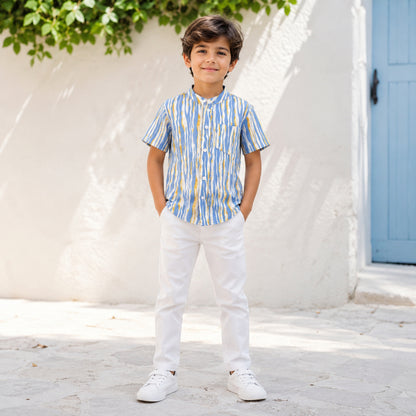 The Magic Wand Cotton Woven Half Sleeves Abstract Stripe Printed Shirt - Blue