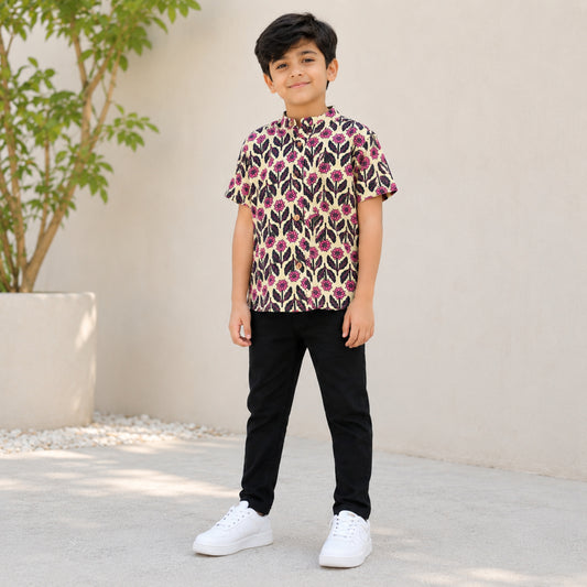 The Magic Wand Cotton Woven Half Sleeves Floral Motif Printed Shirt - Beige