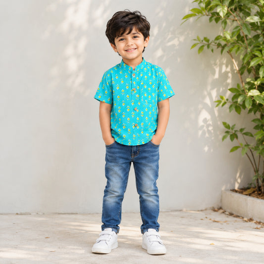 The Magic Wand Cotton Woven Half Sleeves Buti Printed Shirt - Turquoise