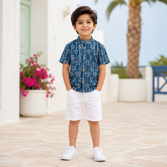 The Magic Wand Cotton Woven Half Sleeves Floral Stripe Printed Shirt - Blue