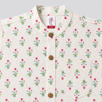The Magic Wand Cotton Woven Half Sleeves Floral Buti Printed Shirt - Cream