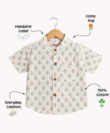 The Magic Wand Cotton Woven Half Sleeves Floral Buti Printed Shirt - Cream
