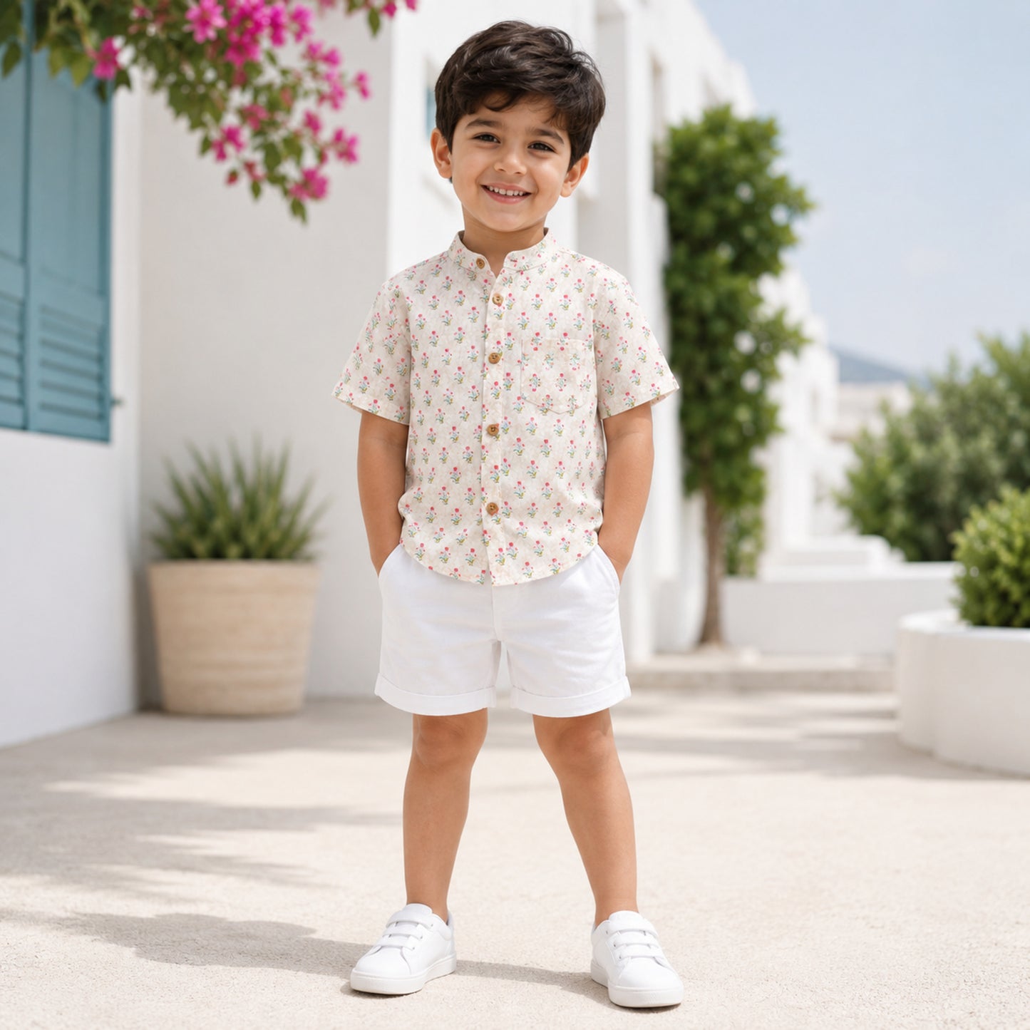 The Magic Wand Cotton Woven Half Sleeves Floral Buti Printed Shirt - Cream