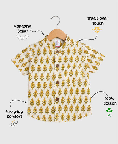 The Magic Wand Cotton Woven Half Sleeves Floral Buta Printed Shirt - Mustard