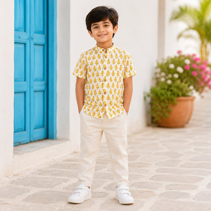 The Magic Wand Cotton Woven Half Sleeves Floral Buta Printed Shirt - Mustard