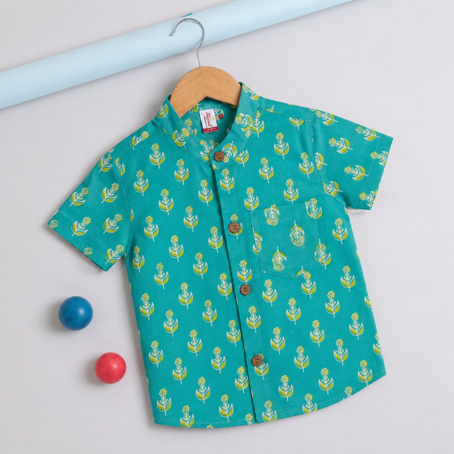 The Magic Wand Cotton Woven Half Sleeves Buta Printed Shirt - Turquoise